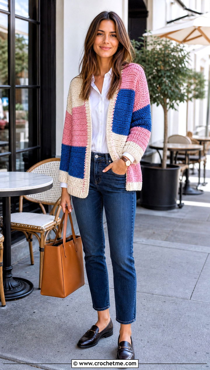 Patchwork Crochet Cardigan With White Shirt And Jeans - 25 crochet block cardigan outfit ideas
