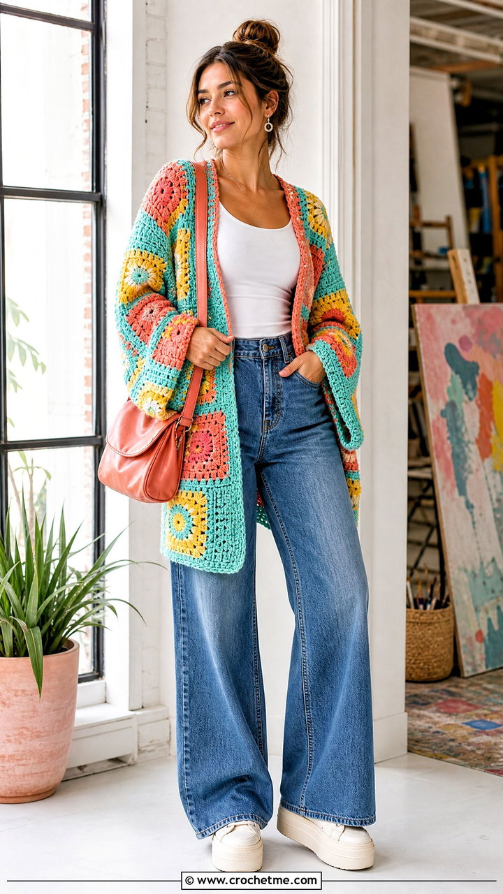 Patchwork Crochet Cardigan With Wide Leg Jeans - 35 oversized crochet cardigan outfit ideas