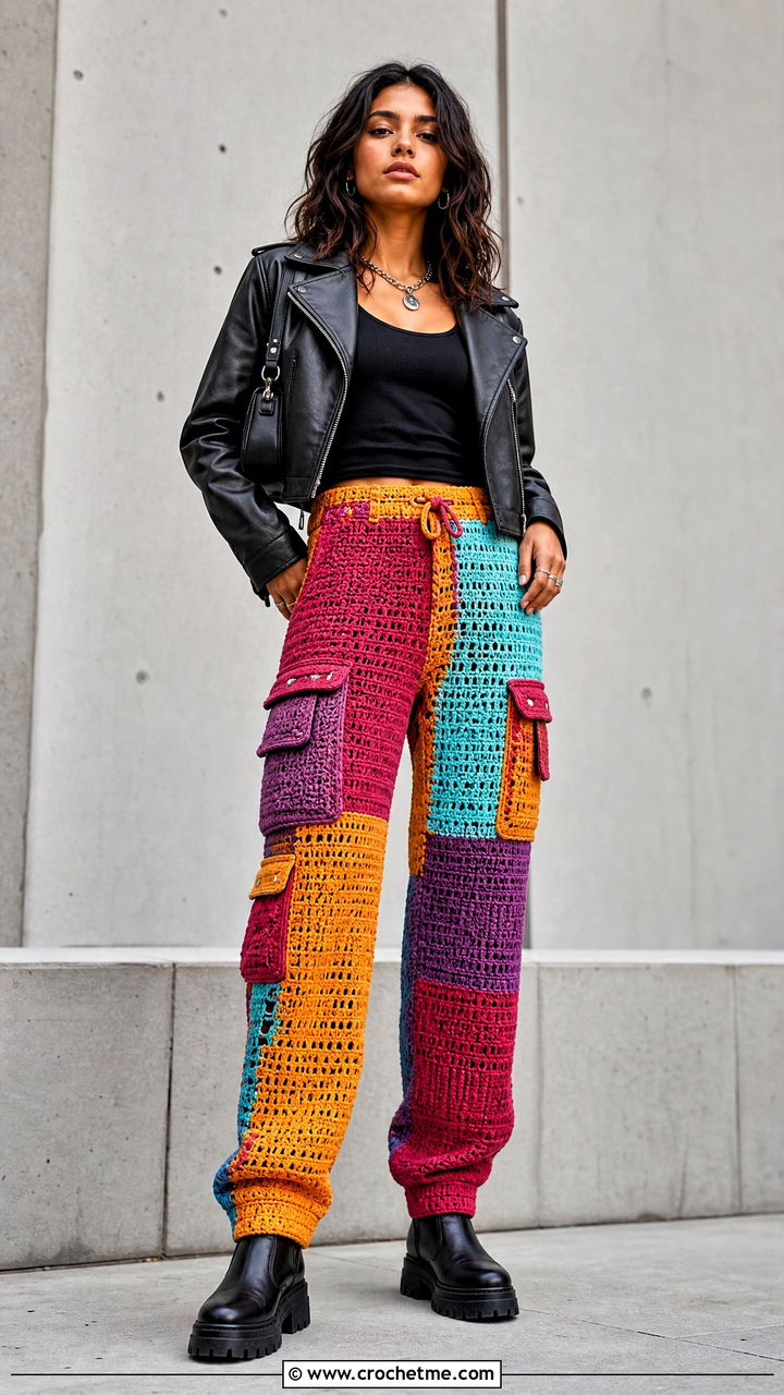 Patchwork Crochet Cargo Pants With Leather Jacket - 35 crochet cargo pants outfit ideas
