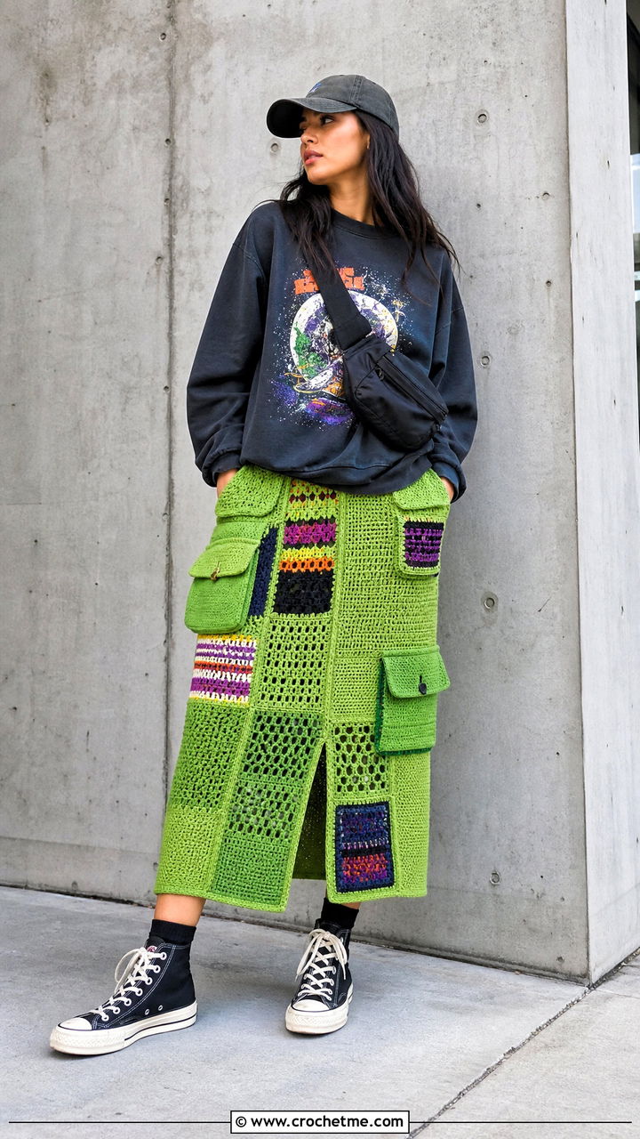 Patchwork Crochet Cargo Skirt With Graphic Sweatshirt - 35 crochet cargo skirt outfit ideas