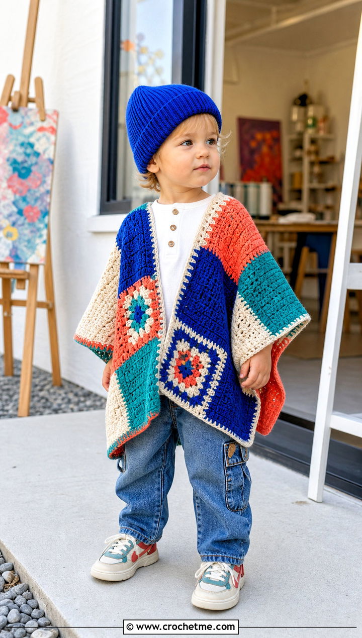 Patchwork Crochet Carseat Poncho With Carpenter Jeans - 25 Crochet Carseat Poncho outfit ideas