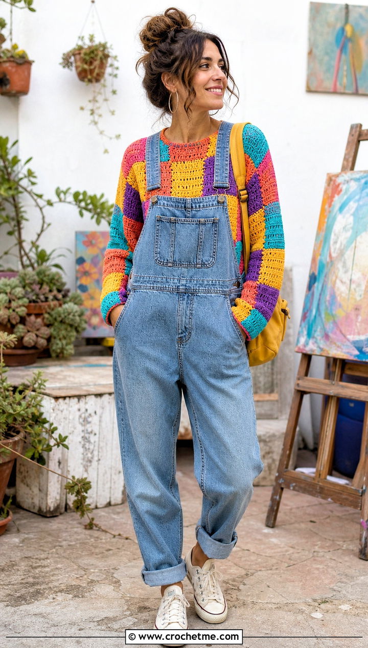 Patchwork Crochet Checker Sweater With Denim Overalls - 25 Crochet Checker Sweater outfit ideas