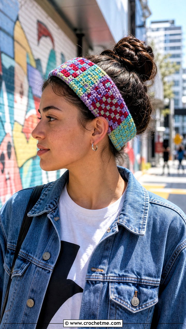Patchwork Crochet Checkered Headband With Graphic T Shirt And Leather Skirt - 25 crochet checkered headband outfit ideas