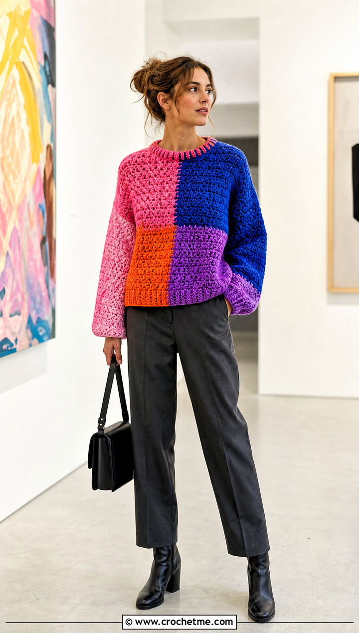 Patchwork Crochet Chenille Sweater With Monochrome Separates - 25 crochet chenille sweater outfit ideas