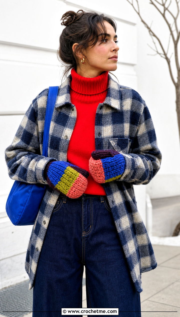 Patchwork Crochet Chunky Mittens With Maximalist Layers - 30 crochet chunky mittens outfit ideas