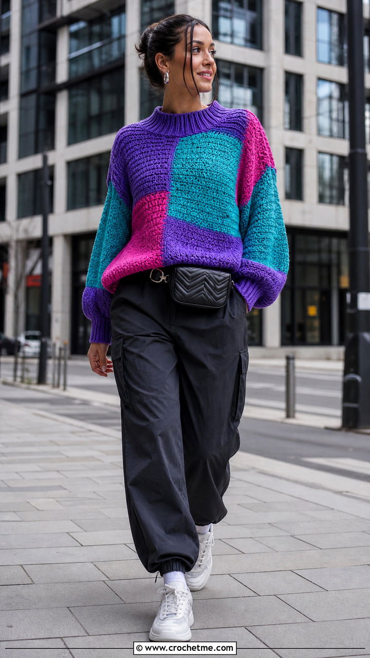 Patchwork Crochet Chunky Sweater With Parachute Pants - 35 crochet chunky sweater outfit ideas