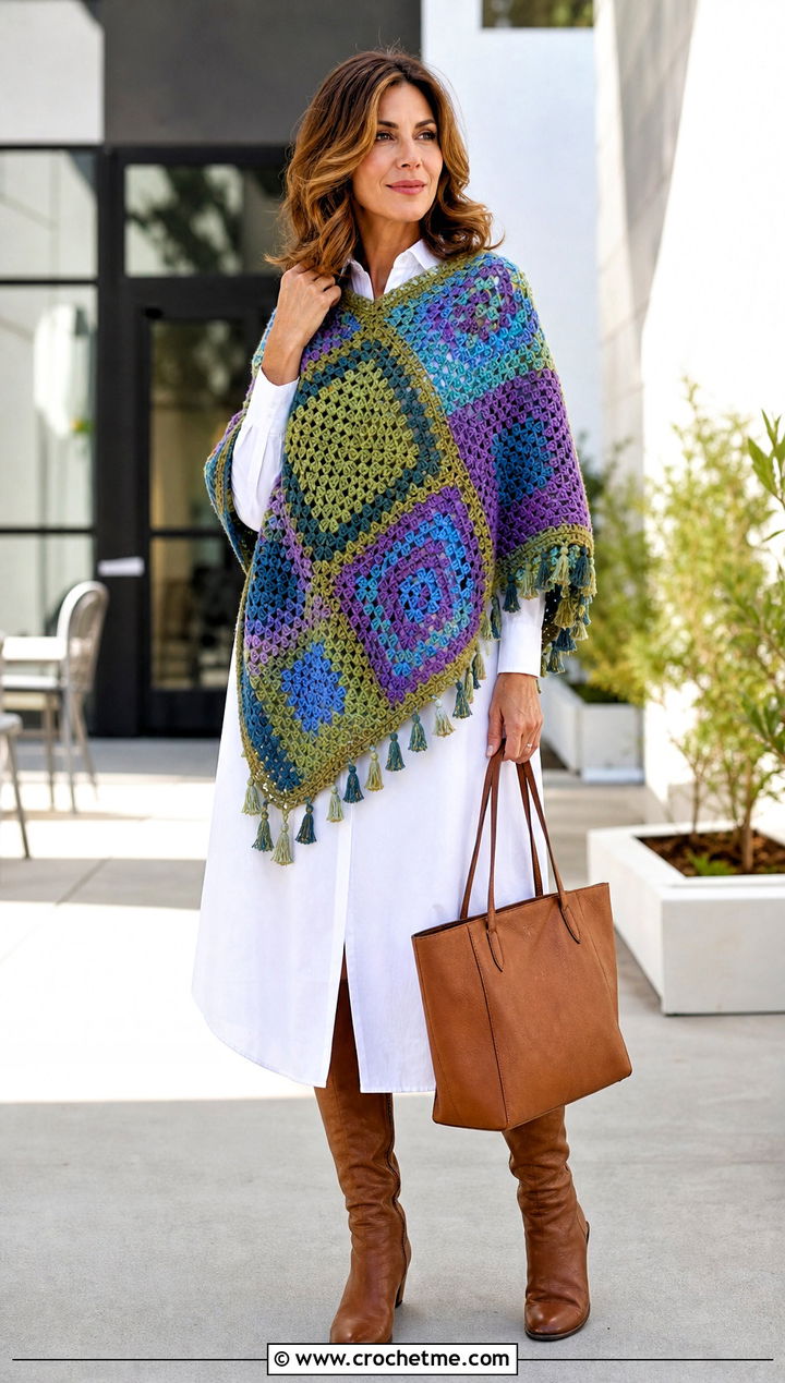 Patchwork Crochet Clint Eastwood Poncho With Shirt Dress - 15 Crochet Clint Eastwood Poncho outfit ideas