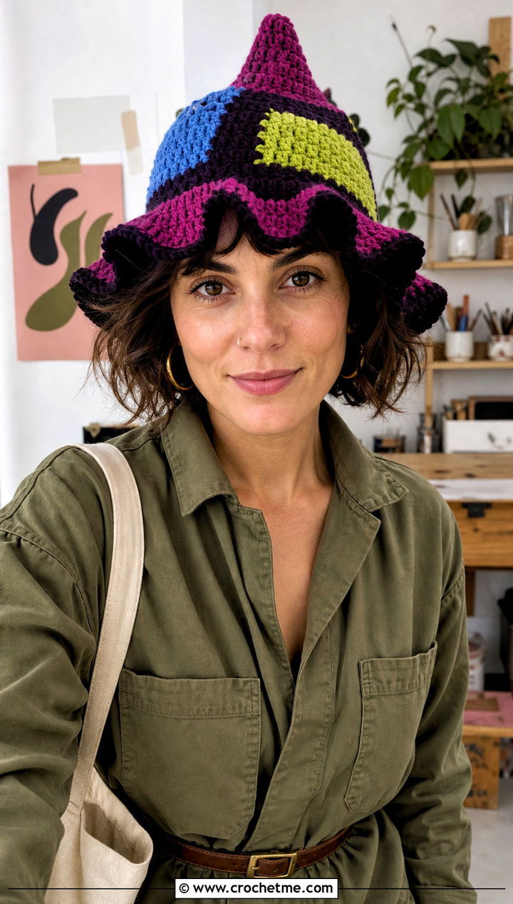 Patchwork Crochet Clown Hat With Workwear Jumpsuit - 30 crochet clown hat outfit ideas