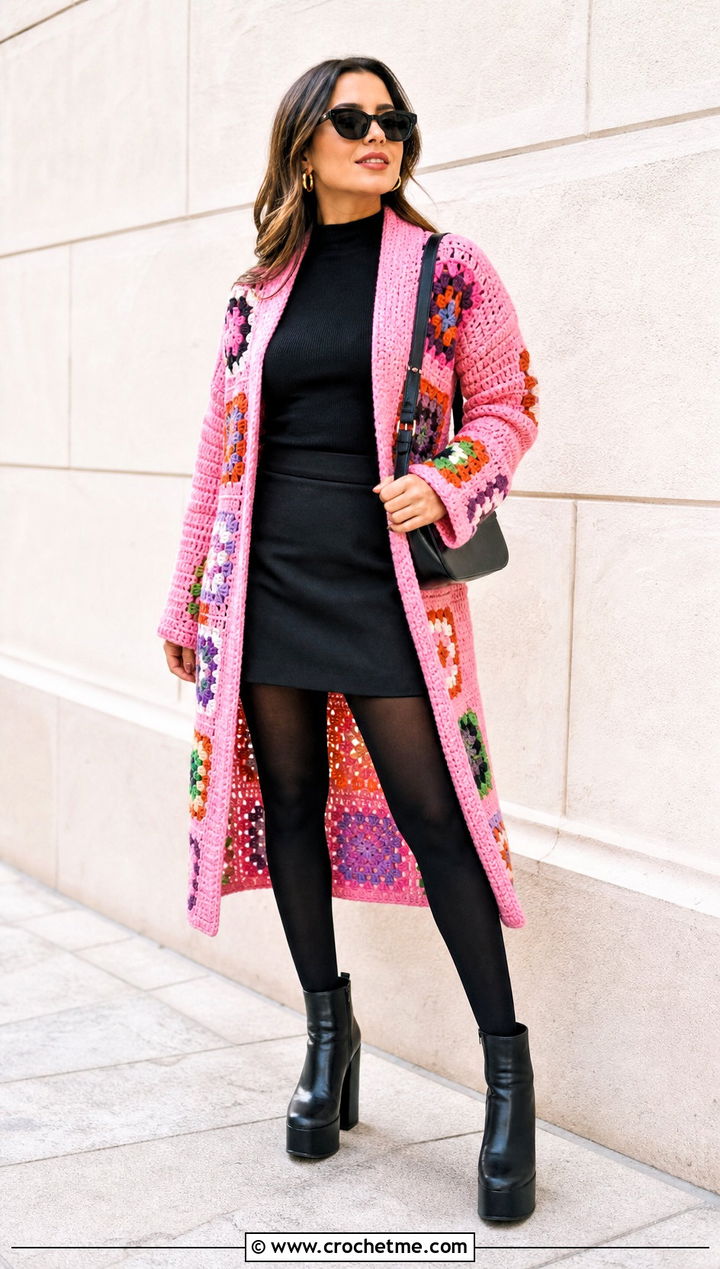 Patchwork Crochet Coat With Black Mini Skirt - 25 crochet coat ideas