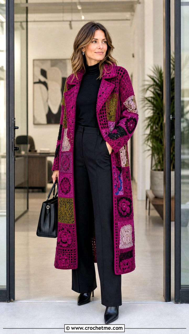 Patchwork Crochet Coat With Black Trousers - 25 Crochet Coat For Women outfit ideas