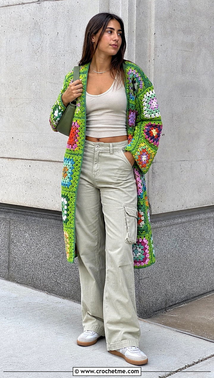 Patchwork Crochet Coat With Cargo Pants - 15 stylish crochet coat design outfit ideas