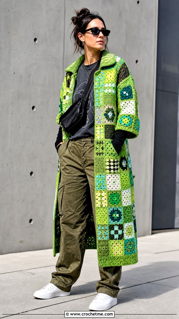 Patchwork Crochet Coat With Cargo Pants And Trainers - 35 crochet coat outfit ideas
