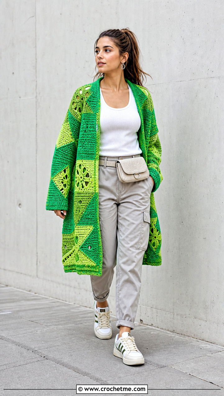 Patchwork Crochet Coat With Cargo Pants - 15 beginner crochet coat outfit ideas