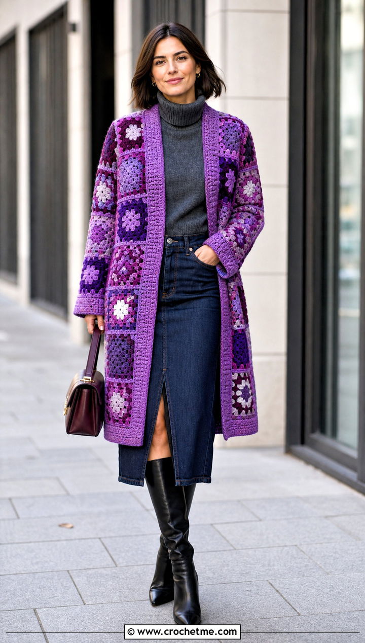 Patchwork Crochet Coat With Denim Midi Skirt - 30 women crochet coat outfit ideas