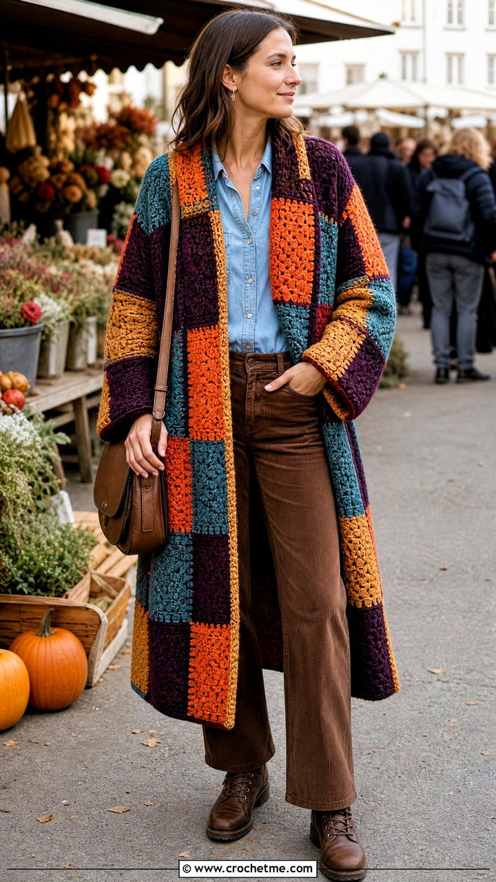Patchwork Crochet Coat With Denim Shirt And Cords - 35 crochet coats outfit ideas