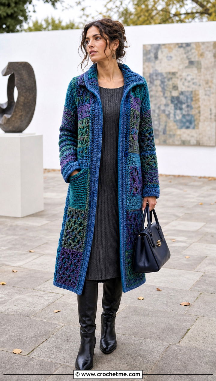 Patchwork Crochet Coat With Knit Dress - 25 Autumn Crochet Outfit ideas