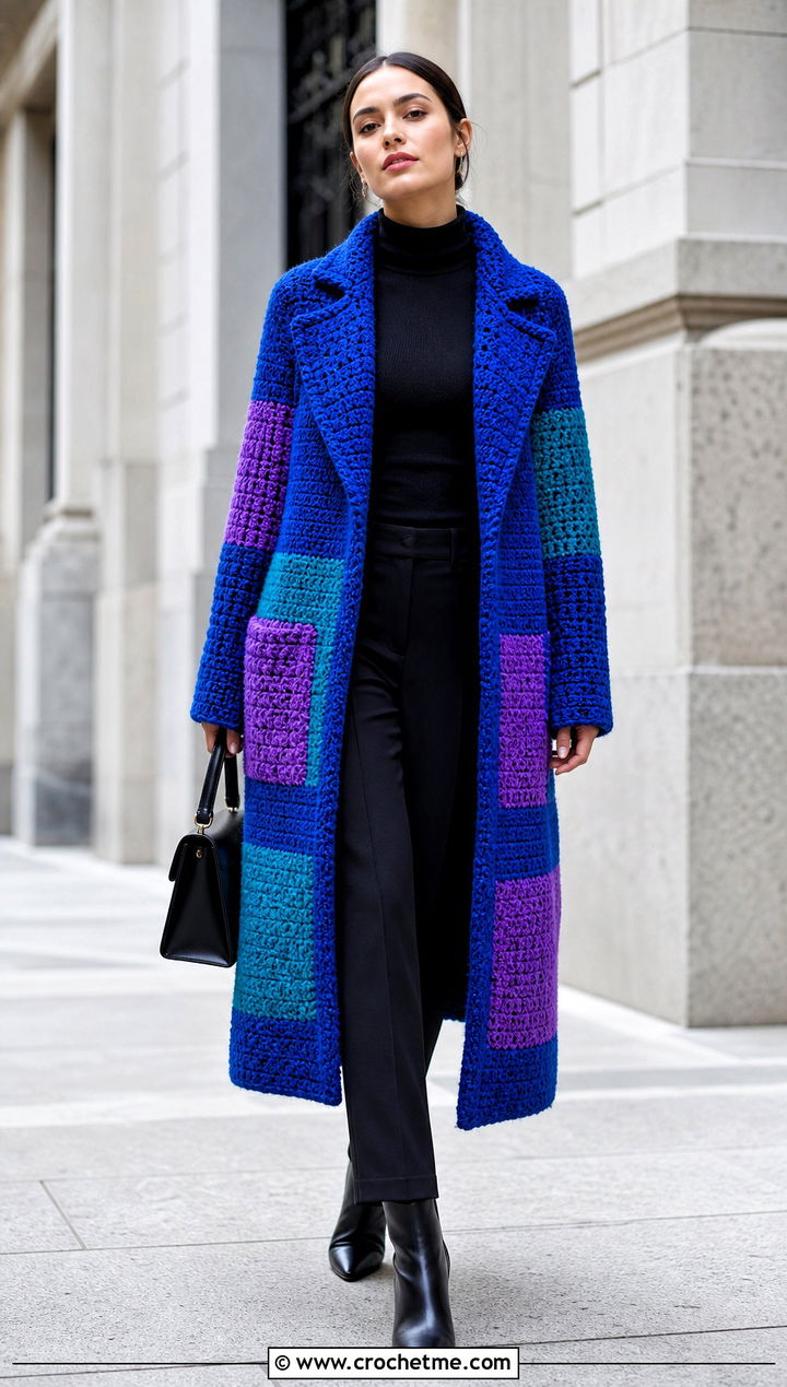 Patchwork Crochet Coat With Monochrome Basics - 30 crochet fall outfits ideas