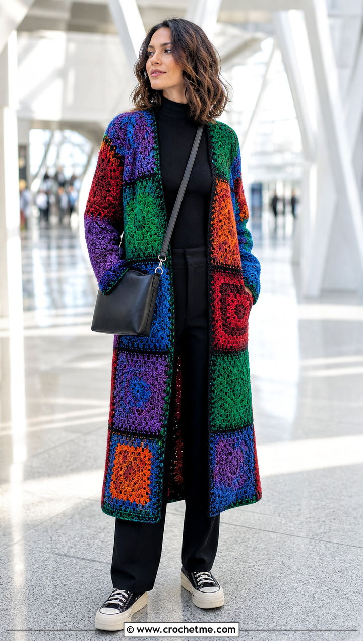 Patchwork Crochet Coat With Simple Black Outfit - 30 anime inspired crochet clothes and outfit ideas