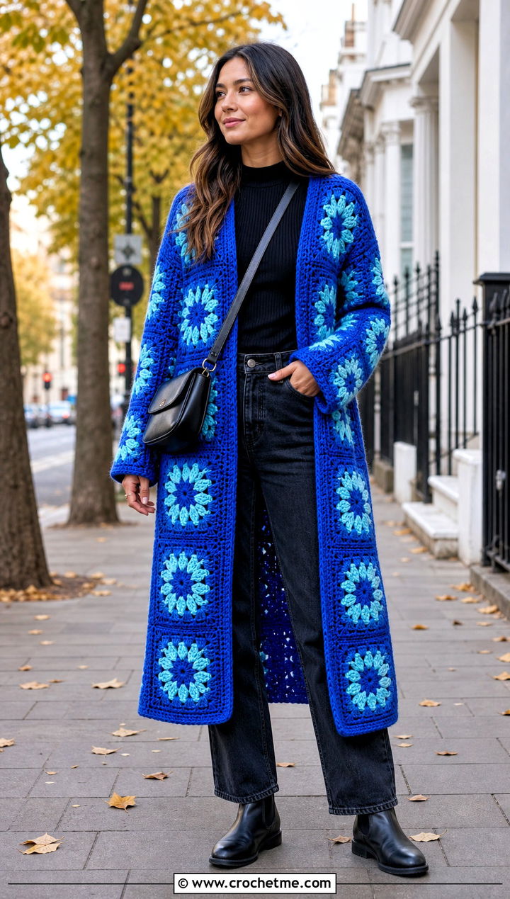Patchwork Crochet Coat With Straight Leg Jeans - 25 Fairy Core Crochet Outfits ideas