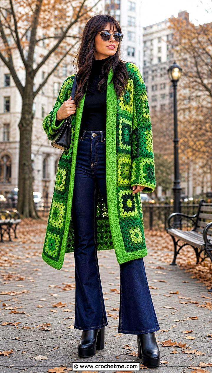 Patchwork Crochet Coatigan With Flared Jeans - 30 crochet patch work cardigan outfit ideas