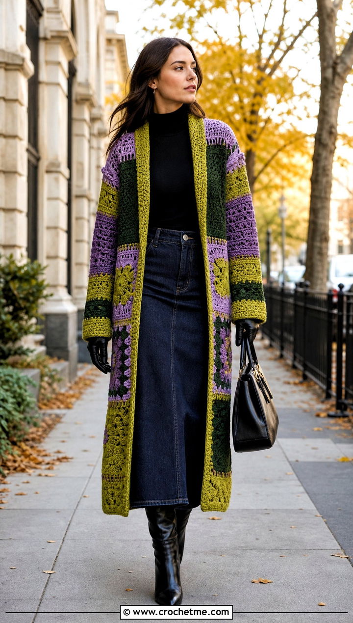 Patchwork Crochet Coatigan With Turtleneck And Maxi Skirt - 15 oversized patchwork crochet cardigan outfit ideas