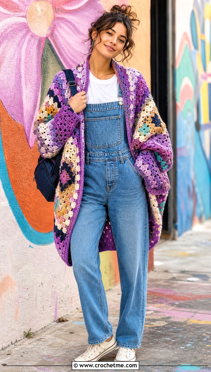 Patchwork Crochet Cocoon Shrug With Denim Overalls - 25 Easy Crochet Cocoon Shrug outfit ideas