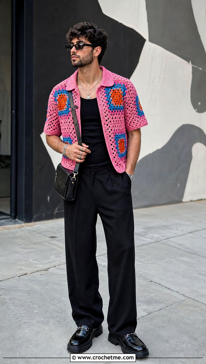 Patchwork Crochet Collared Shirt With Black Trousers - 15 Mens Crochet Collared Shirt outfit ideas