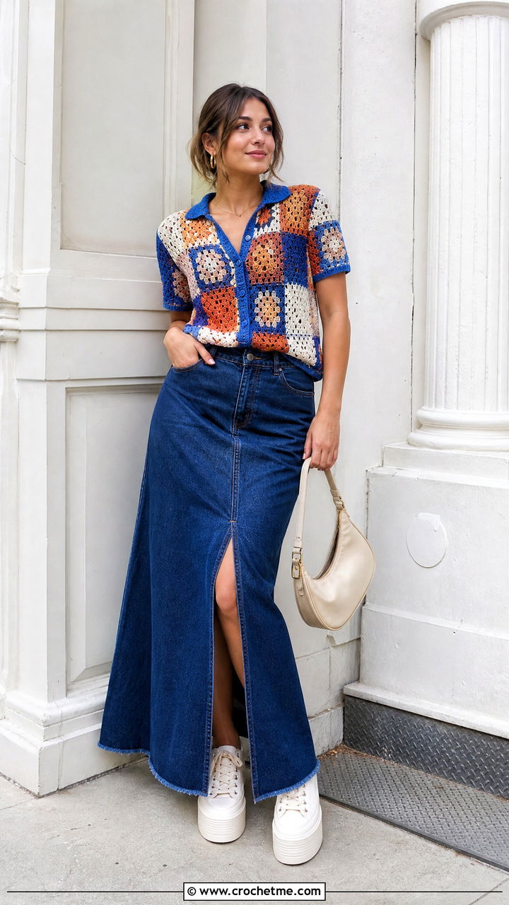 Patchwork Crochet Collared Shirt With Denim Maxi Skirt - 35 crochet collared shirt outfit ideas