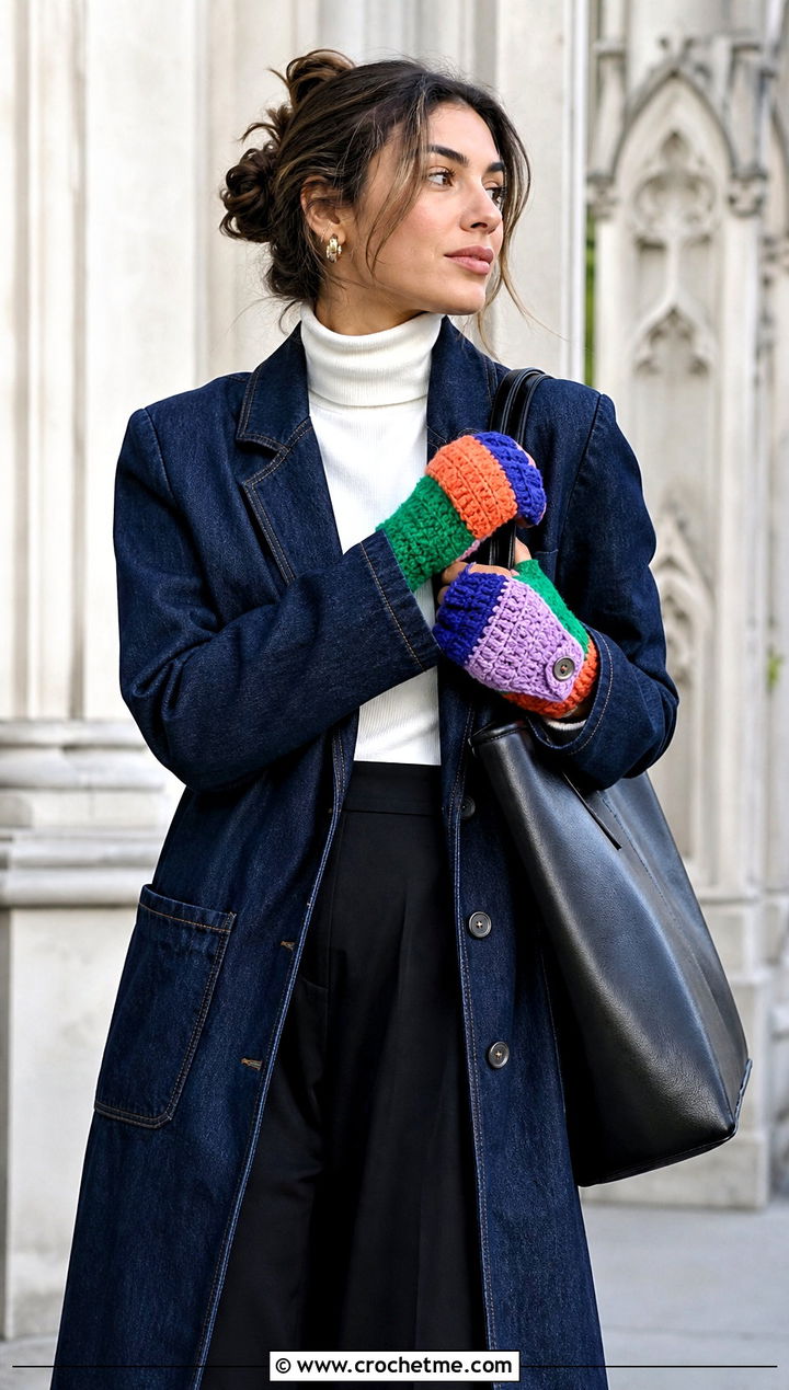 Patchwork Crochet Convertible Mittens With Denim Coat - 25 Crochet Convertible Mittens outfit ideas