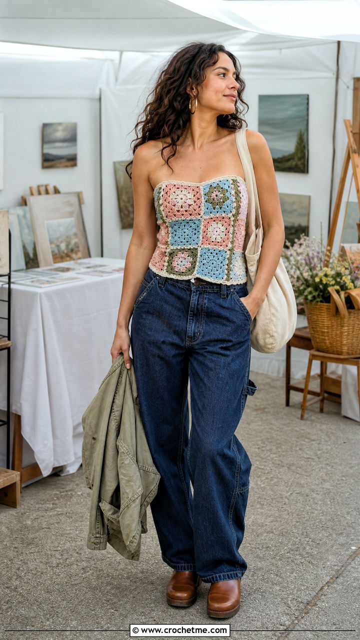 Patchwork Crochet Corset Top With Carpenter Jeans Patchwork Crochet Corset Top With Carpenter Jeans