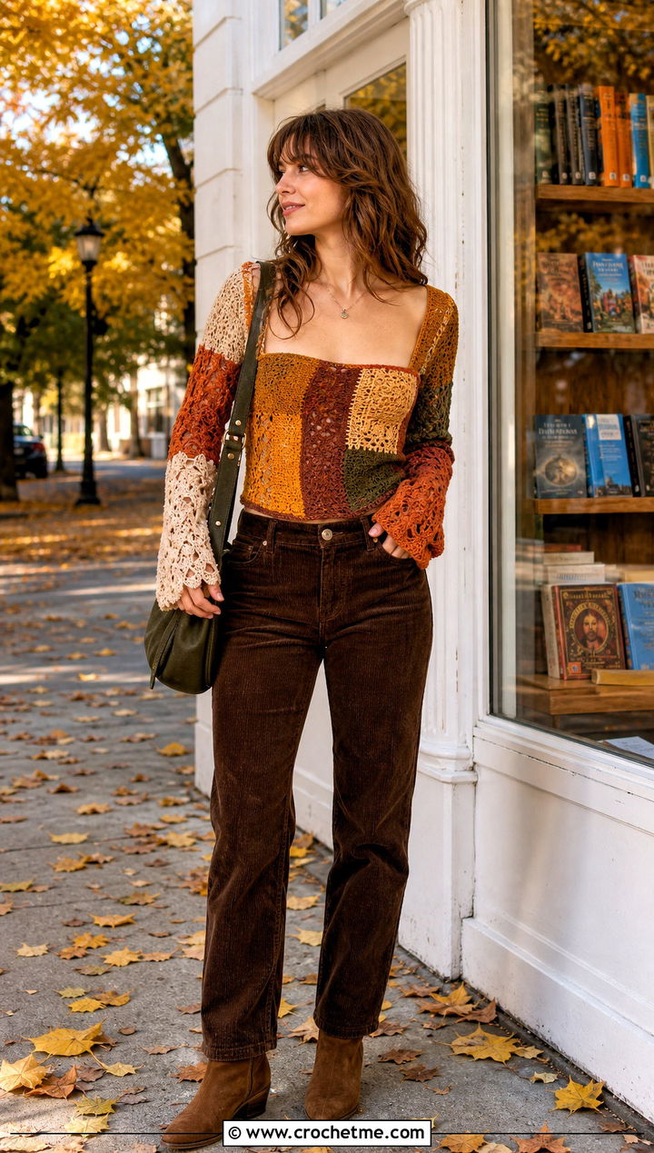 Patchwork Crochet Corset Top With Corduroy Pants - 25 crochet corset top with sleeves outfit ideas