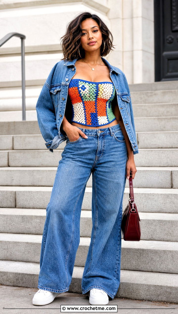 Patchwork Crochet Corset With A Denim Suit - 25 easy crochet corset outfit ideas