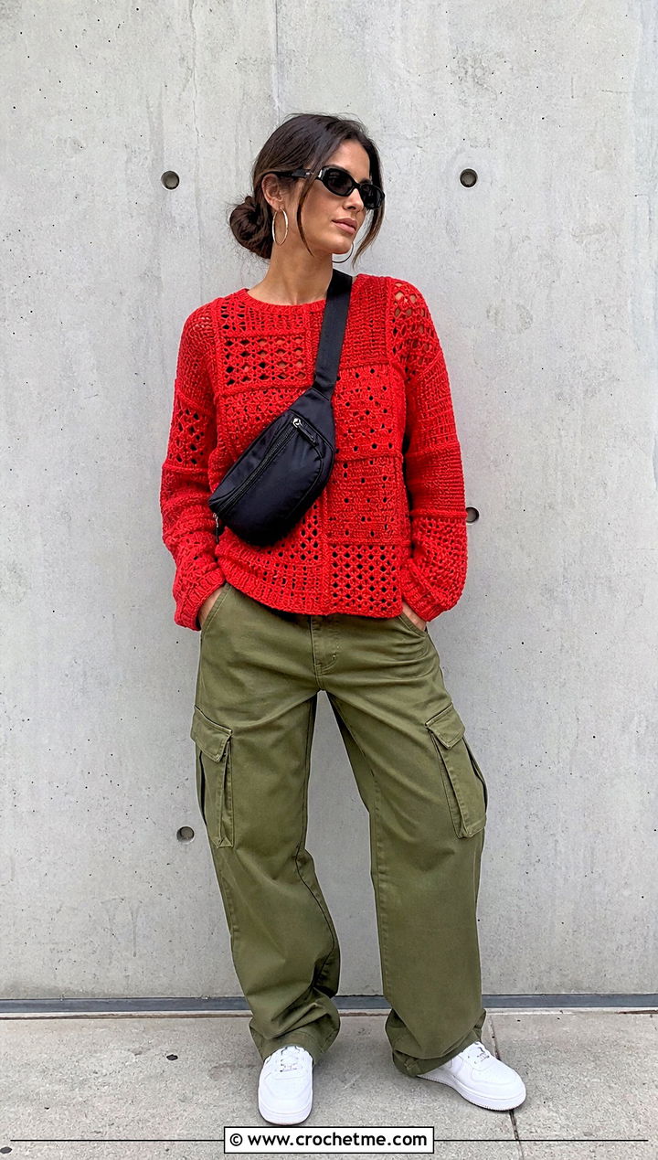 Patchwork Crochet Cotton Sweater With Cargo Pants - 25 Crochet Cotton Sweater outfit ideas