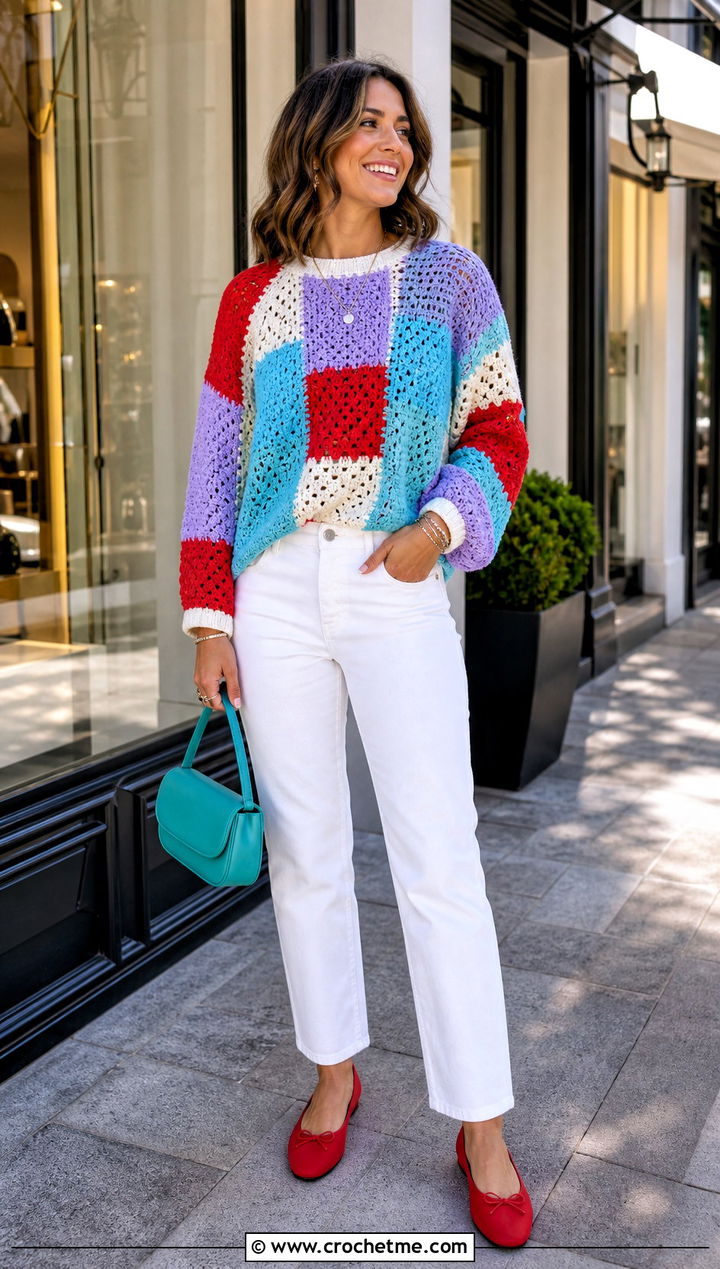 Patchwork Crochet Couch Sweater With White Jeans - 15 Crochet Couch Sweater outfit ideas