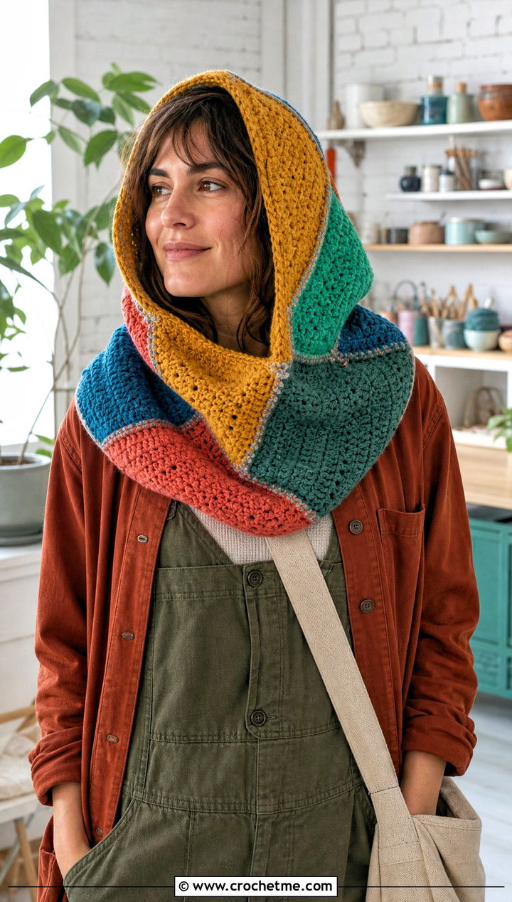 Patchwork Crochet Cowl Hood With Workwear Overalls - 25 crochet cowl hood outfit ideas