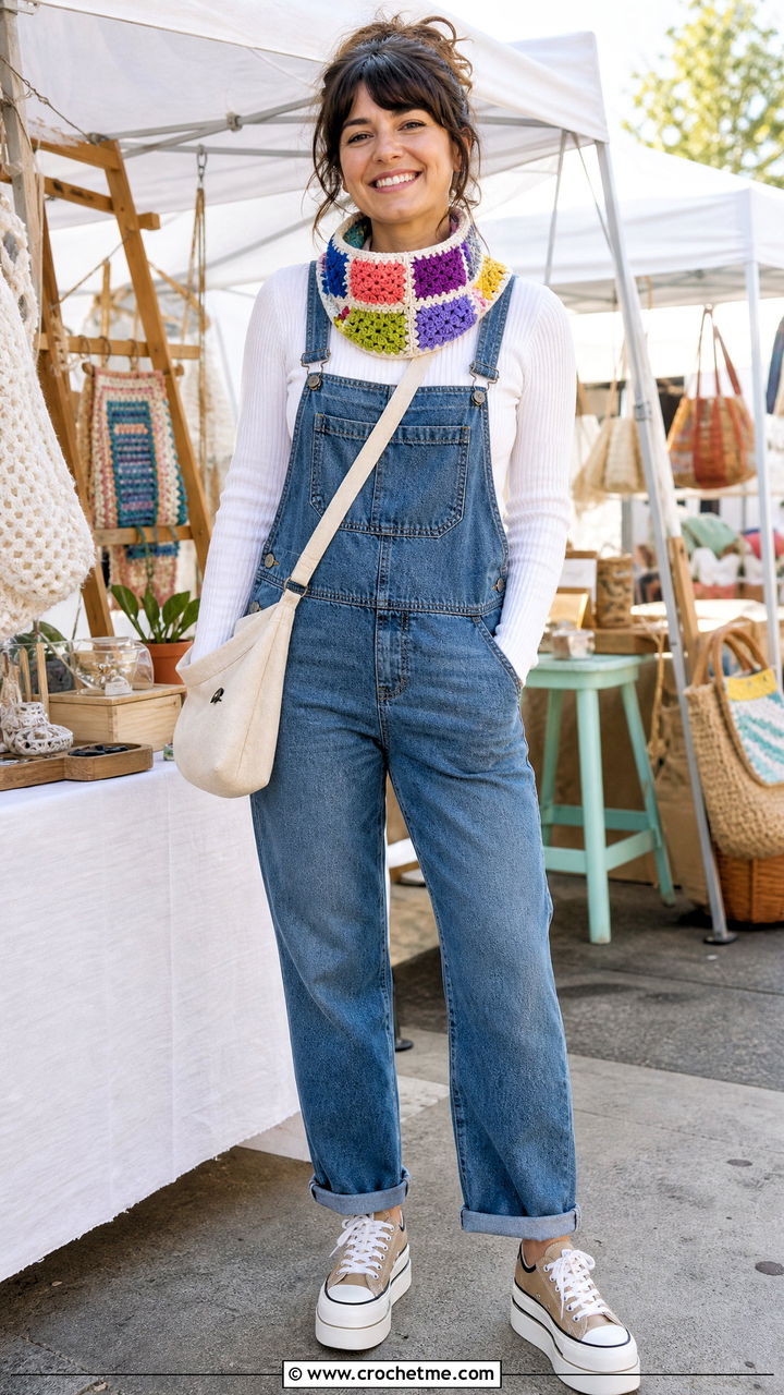 Patchwork Crochet Cowl With Overalls - 35 crochet cowls outfit ideas