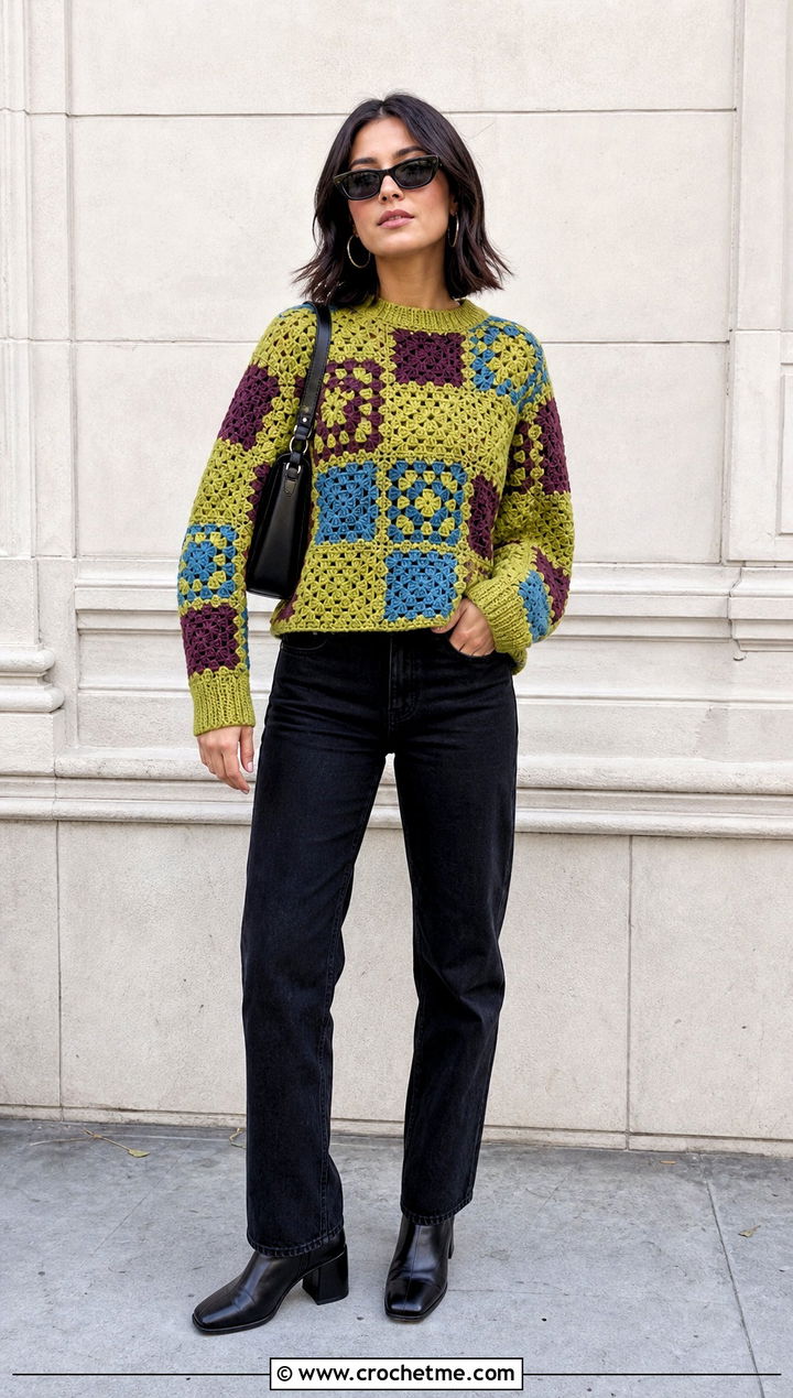 Patchwork Crochet Crewneck Sweater With Black Denim - 30 crochet crewneck sweater outfit ideas