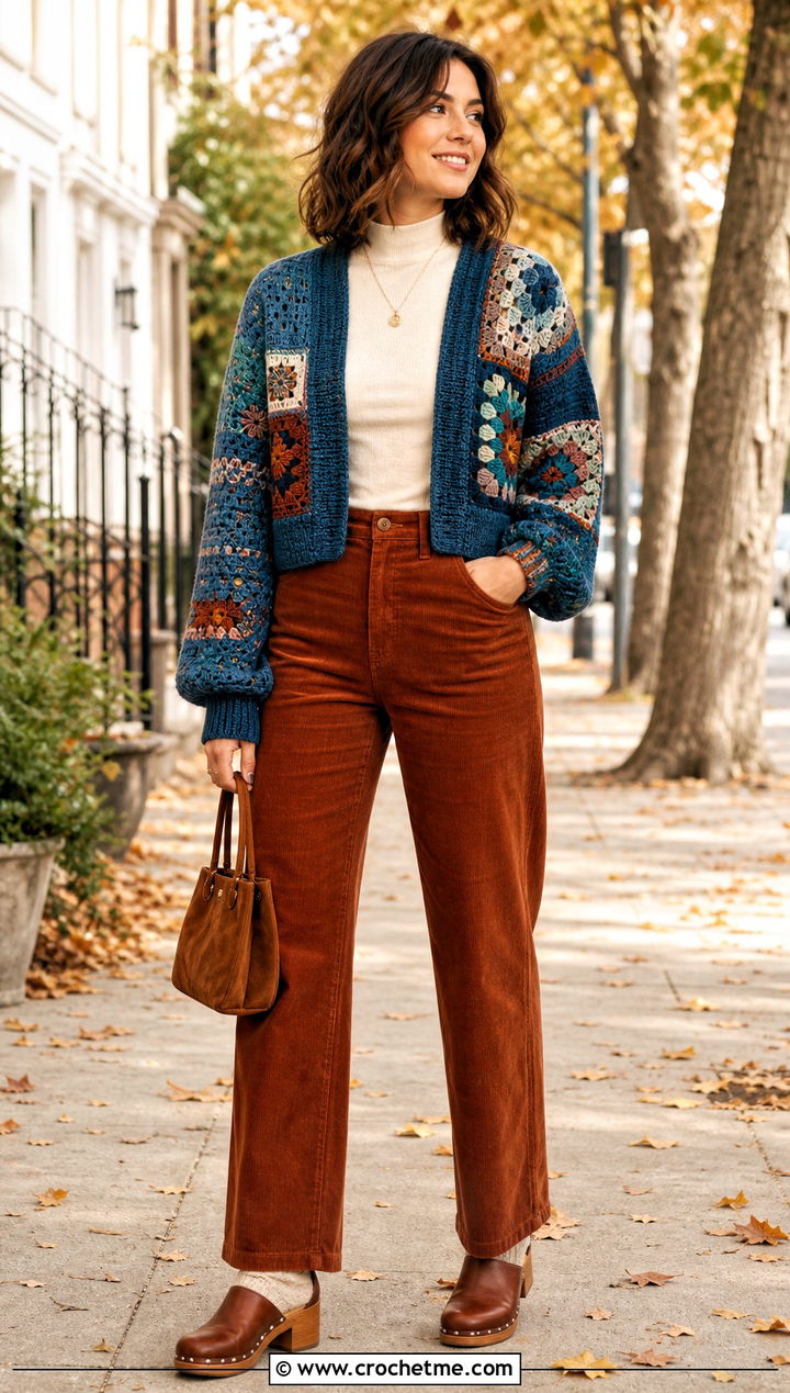 Patchwork Crochet Crop Cardigan With Corduroy Pants - 30 crochet crop cardigan outfit ideas
