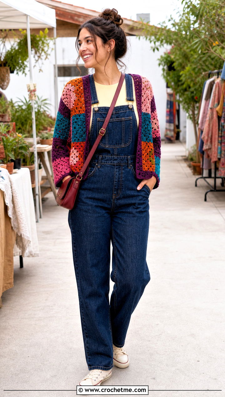 Patchwork Crochet Crop Shrug With Overalls - 25 Crochet Crop Shrug outfit ideas