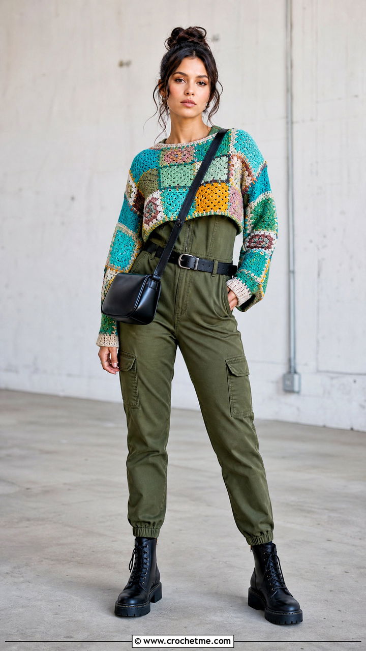 Patchwork Crochet Crop Sweater Over a Utility Jumpsuit - 35 crochet crop sweater outfit ideas