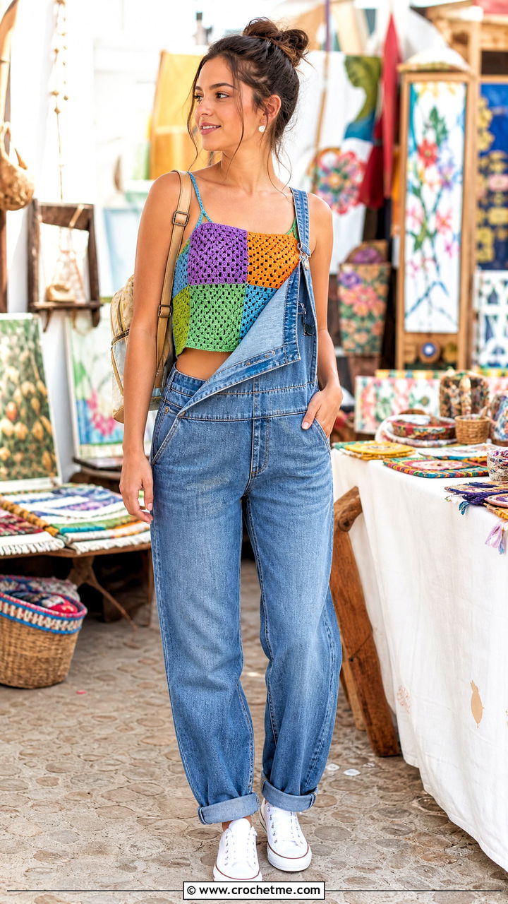 Patchwork Crochet Crop Top With Denim Overalls - 35 cute crochet tops outfit ideas