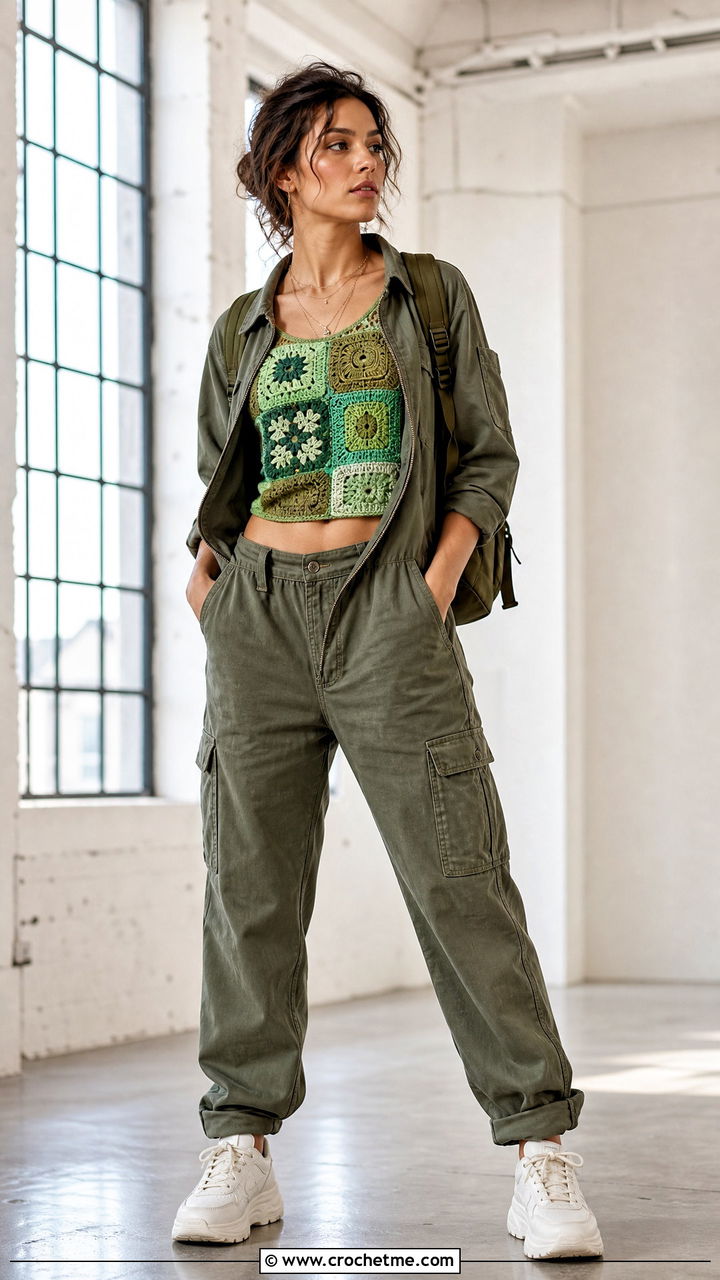 Patchwork Crochet Crop Top With Utility Jumpsuit - 35 crochet crop top outfit ideas