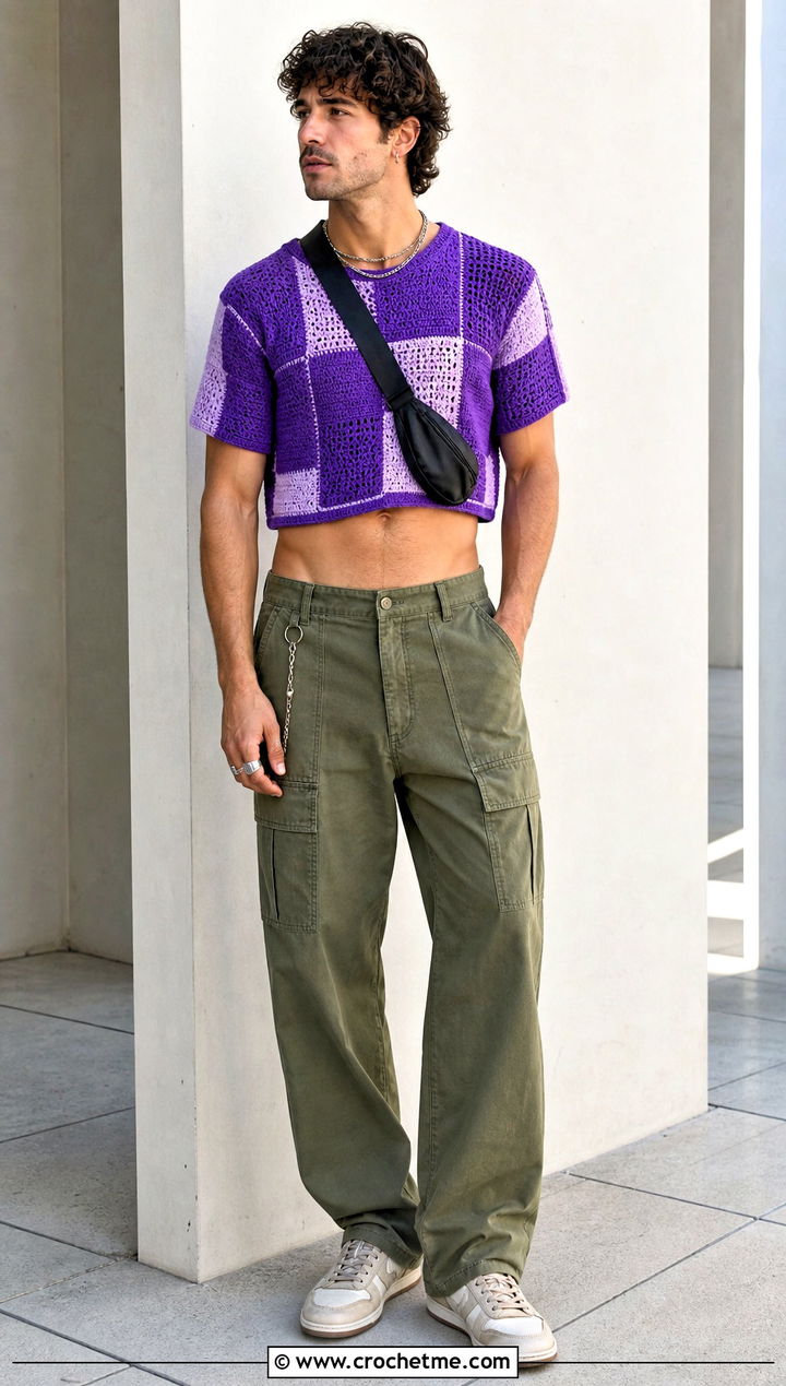 Patchwork Crochet Crop Top With Utility Pants - 25 Men Crochet Crop Top outfit ideas