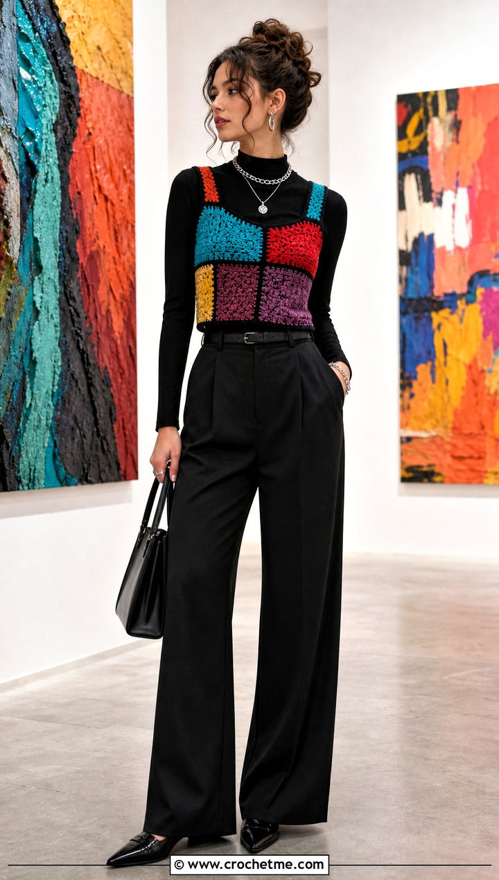 Patchwork Crochet Crop Vest With Black Trousers - 30 crochet crop vest outfit ideas
