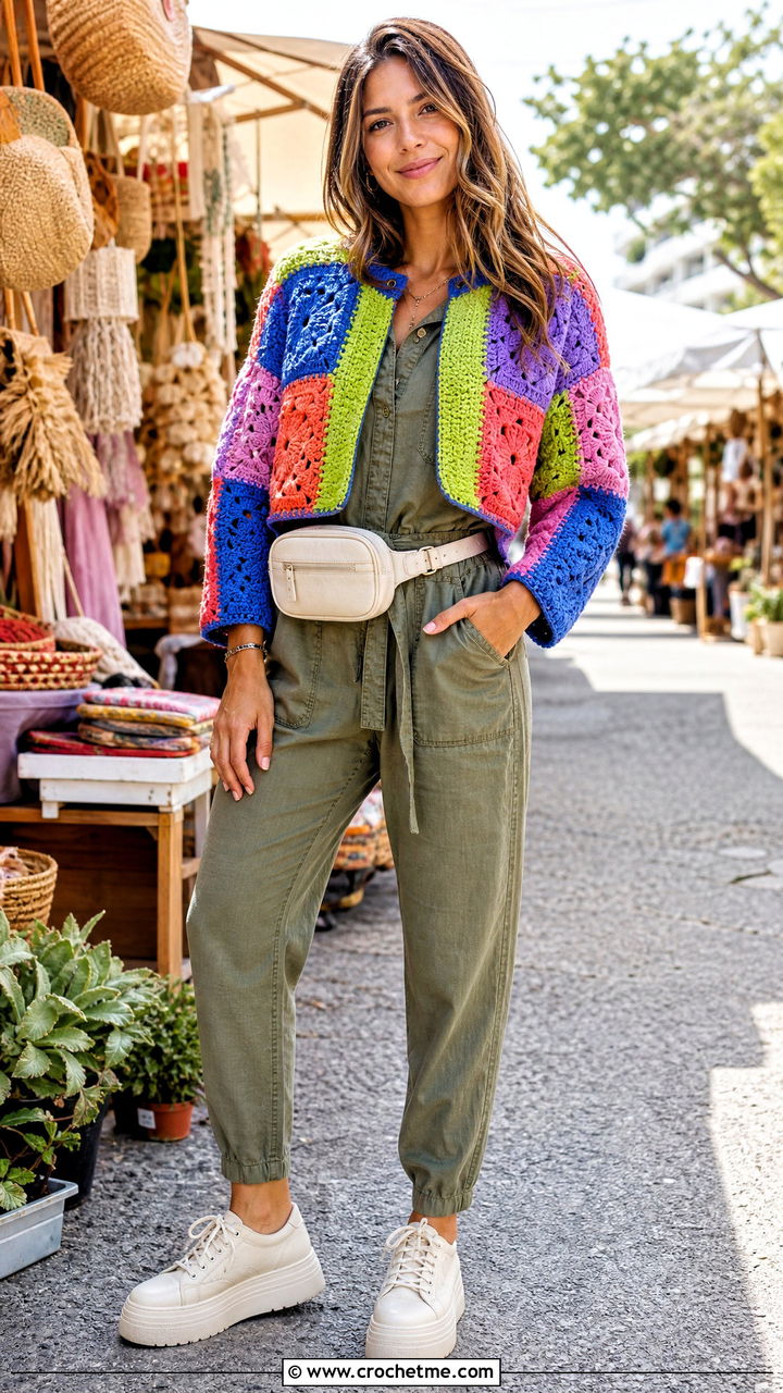 Patchwork Crochet Cropped Cardigan With Utility Jumpsuit - 35 crochet cropped cardigan outfit ideas