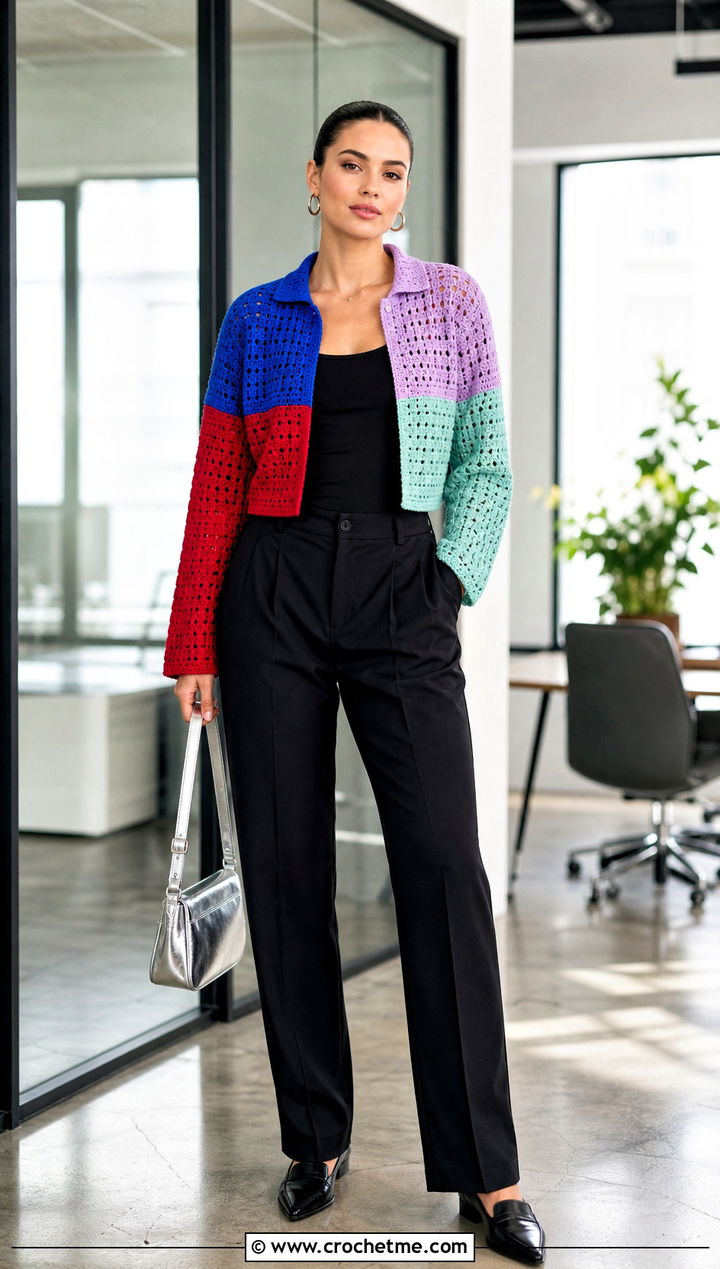 Patchwork Crochet Cropped Shirt With Black Trousers - 30 crochet cropped shirt outfit ideas