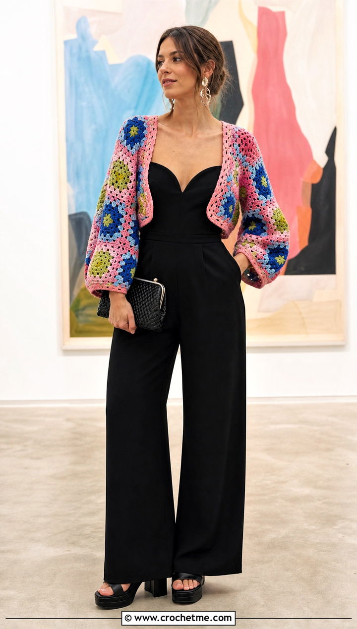Patchwork Crochet Cropped Shrug With Black Jumpsuit - 25 Crochet Cropped Shrug outfit ideas
