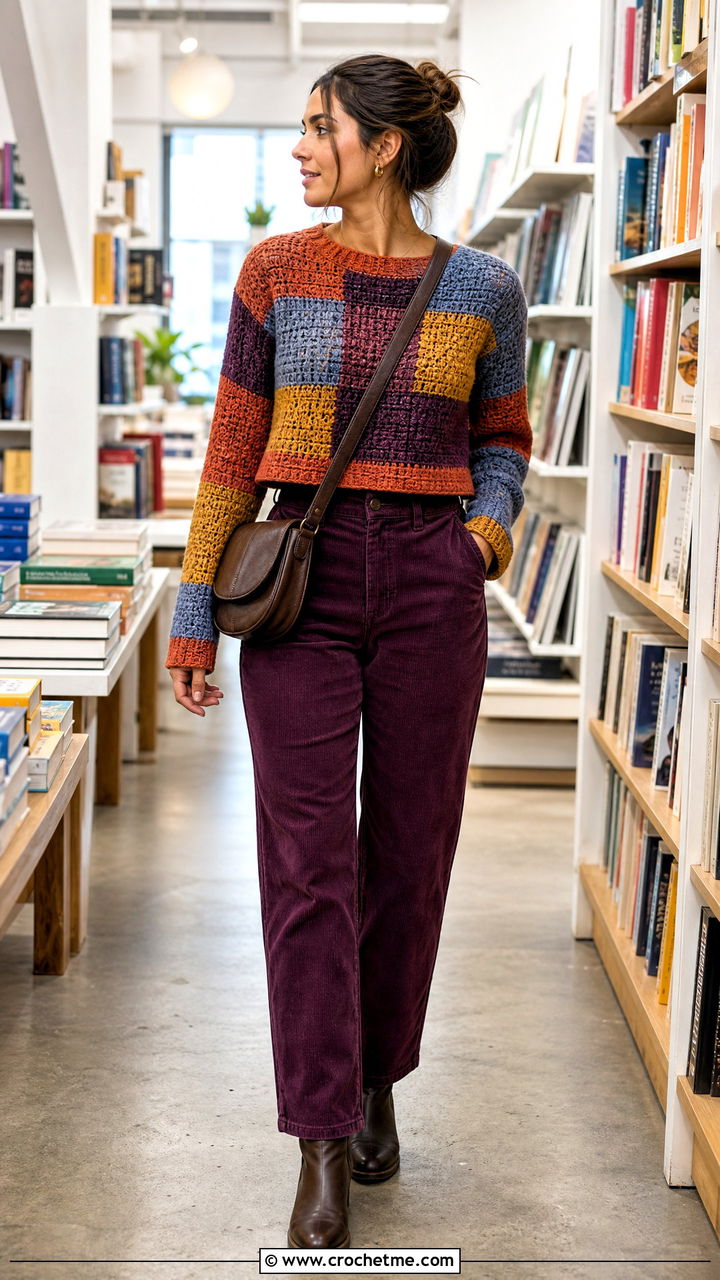 Patchwork Crochet Cropped Sweater With Corduroy Pants - 35 crochet cropped sweater outfit ideas
