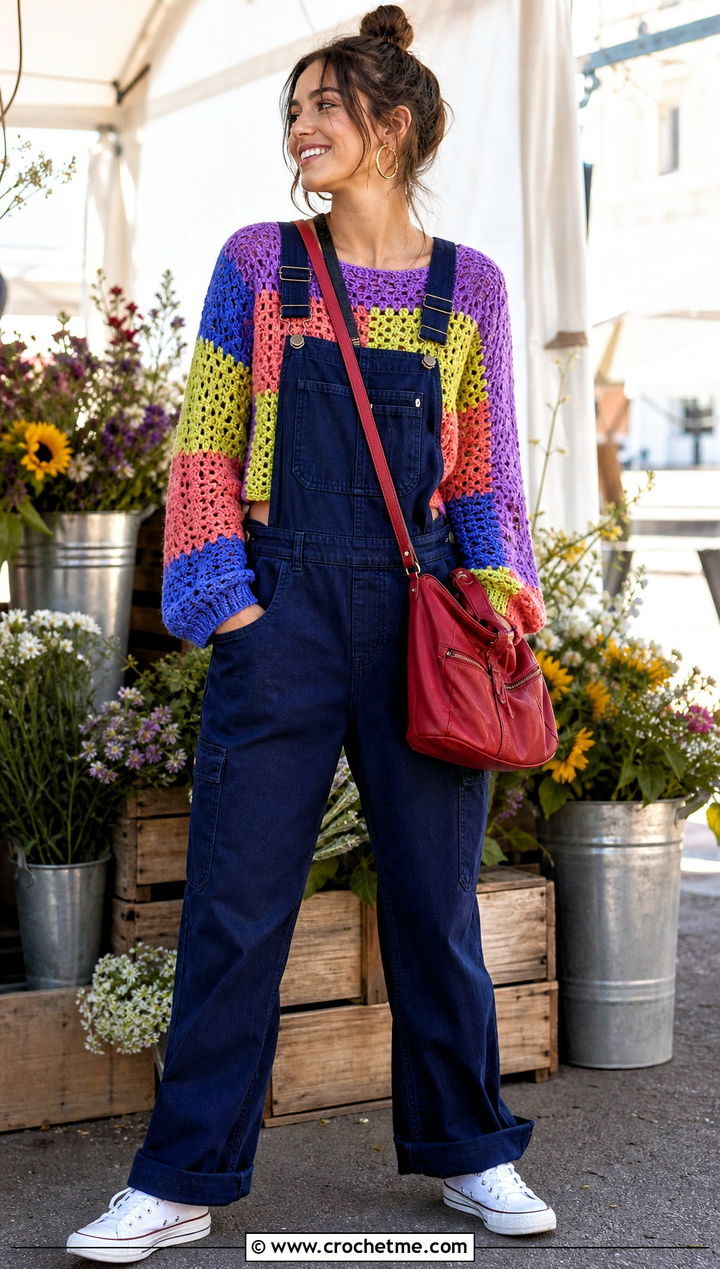 Patchwork Crochet Cropped Sweater With Utility Overalls - 20 Easy Crochet Cropped Sweater outfit ideas