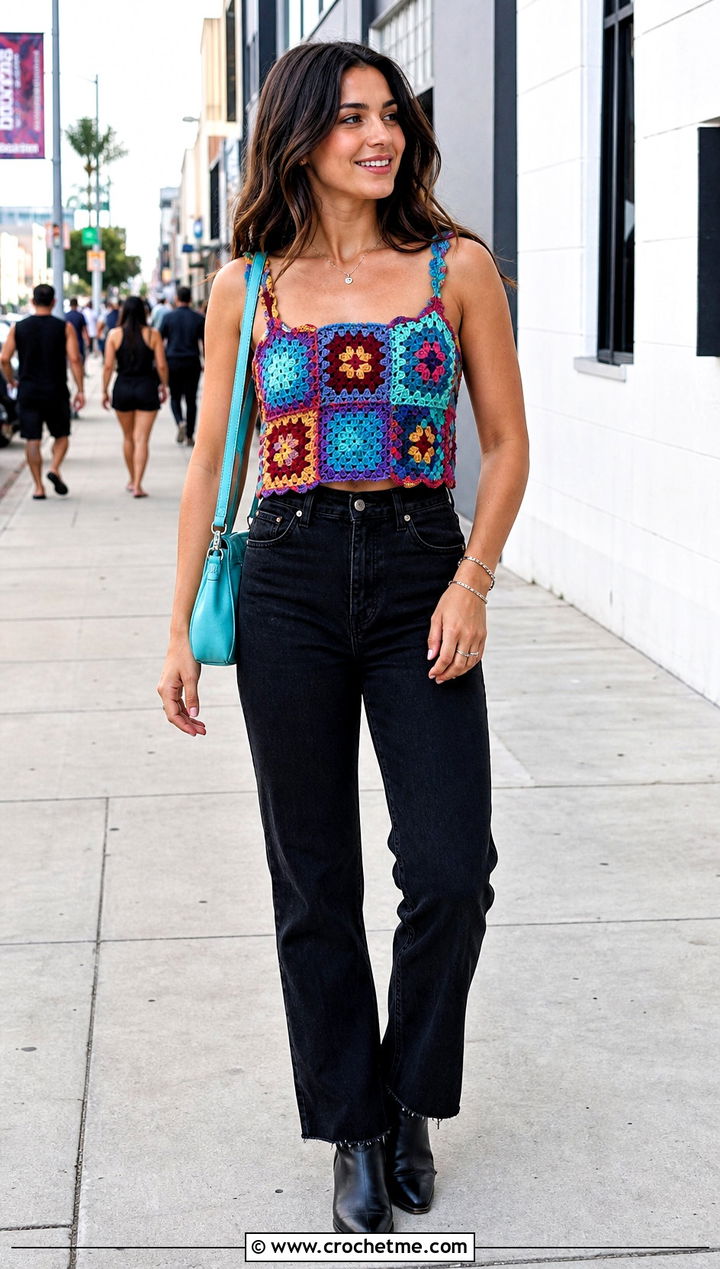 Patchwork Crochet Delilah Top With Black Denim - 30 crochet delilah top outfit ideas